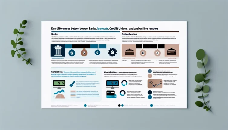 DALL·E 2024-03-21 16.02.09 - Design an informative and engaging image that outlines the key differences between banks, credit unions, and online lenders for small and medium-sized