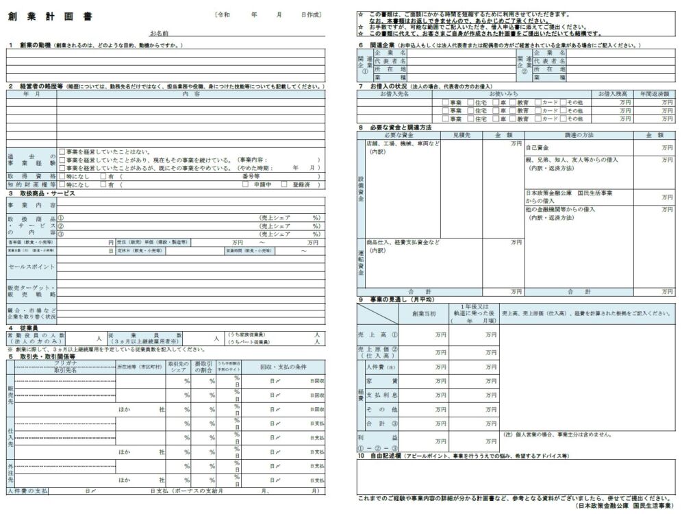 創業計画書のフォーマット