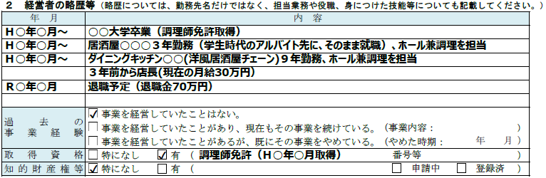 経営者の略歴等、記載例